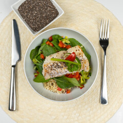Fresh food serving restaurant egg chicken meat pasta rice tomato salad top down shot healthy low calories meal