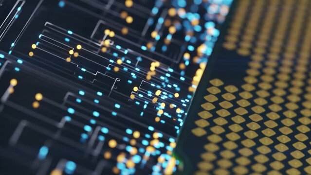 A computer processor with millions of connections and signals. Technology cpu background. Pulses and signals from the chip propagate through the motherboard. 3d animation