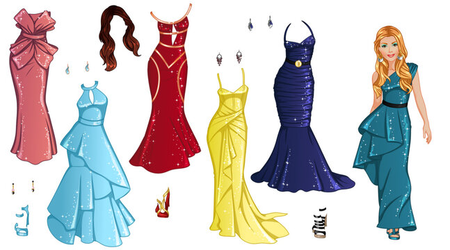 Beauty Pageant Paper Doll with Beautiful Lady, Dresses and Accessories. Vector Illustration