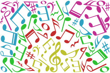 Music notes colorful background, musical pattern, vector illustration.