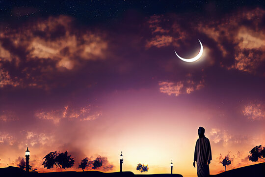 Ramadan Kareem holiday background, festive background with man standing under halfmoon