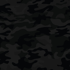 Black camo background, night texture disguise, vector seamless pattern. Modern print.