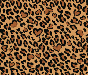 Seamless animal pattern leopard with heart, wild cat skin print, fashion design. The texture of the fabric.
