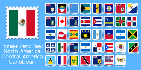 North and central american continent and caribbean country flags postage stamps with drop shadow. Vector illustration.