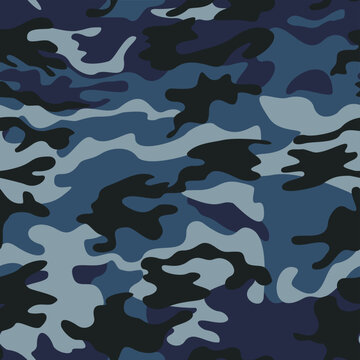 Blue camouflage pattern, army uniform, street print, trendy stylish design.