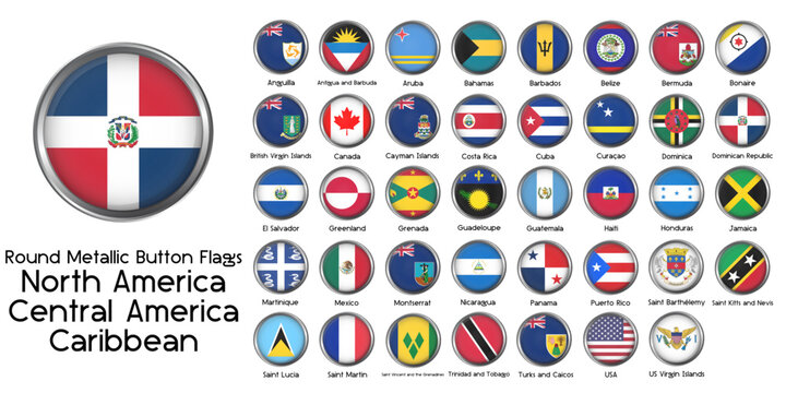 North and central american continent and caribbean country flags with round metallic button.  Vector illustration set.
