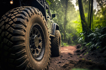 A big wheel of the 4x4 off-road car driving on terrain route in the jungle. Generative Ai image. - obrazy, fototapety, plakaty