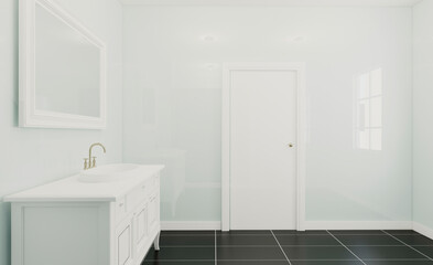 Obraz na płótnie Canvas Spacious bathroom in gray tones with heated floors, freestanding tub. 3D rendering.