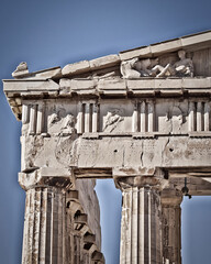 Detail of Parthenon, the famous ancient Greek temple on the acropolis of Athens, Greece. The horses...