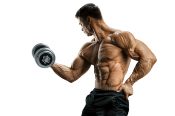 Pumping up biceps. Arm muscle training. Strong and power bodybuilder doing exercises with dumbbell. Dumbbell athlete workout. Transparent PNG