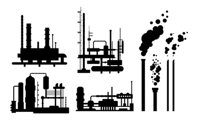 Set of industrial factory buildings silhouettes isolated, manufacturing with metallic constructions, smoking pipes, environmental pollution