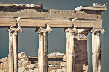 Detail of Erechtheion, the famous ancient Greek temple, under the crystal clear blue sky. Acropolis...