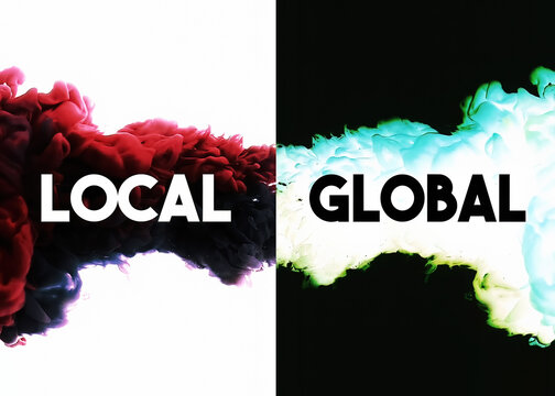 Colored ink dropping into the water (split screen, like a Rorschach test), two conflicting words appearing: global, local.
