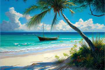 Fototapeta premium Beach with coconut trees, digital painting art. Generative Ai. 