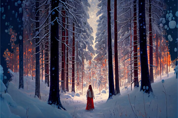 Silhouette of a woman in a sunset in winter forest, digital painting art. Generative Ai. - 561869995