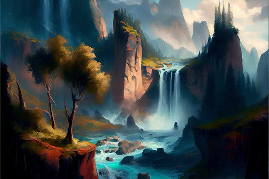 Landscape of the mountains and waterfalls, digital painting art. Generative Ai.	
