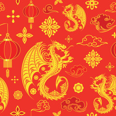 Dragon Golden Symbol of Happy Chinese New Year Vector Seamless Repeat Pattern Design Textile Motive illustration