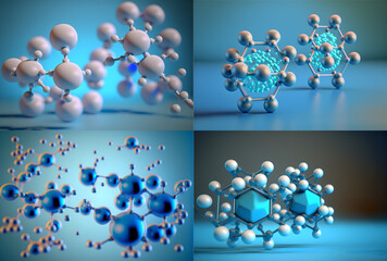 abstract modules of hydrogen or atoms structure, blue science background, 3d illustration generative ai