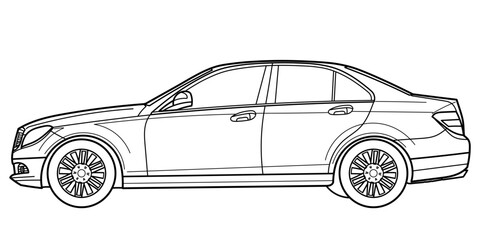 Classic luxury sedan car. Side view shot. Outline doodle vector illustration. Design for print, coloring book