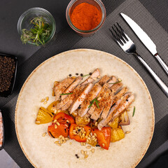 Food serving healthy meal restaurant fresh meat vegetable top down delicious sauce chicken beef fish cooking chef