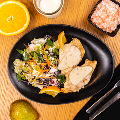 Food serving healthy meal restaurant fresh meat vegetable top down delicious sauce chicken beef fish cooking chef