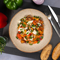 Food serving healthy meal restaurant fresh meat vegetable top down delicious sauce chicken beef fish cooking chef