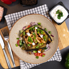Food serving healthy meal restaurant fresh meat vegetable top down delicious sauce chicken beef fish cooking chef