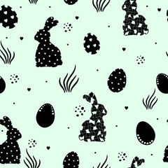 Easter seamless pattern with Easter eggs and rabbit. Festive decorative abstract print. Packaging template, graphic design, wrapping paper, textiles and wallpapers.