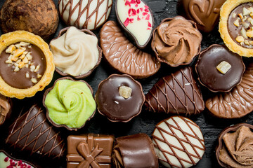 Chocolates candies with different fillings.