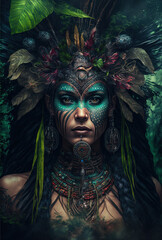 Beautiful shaman in nature. Awesome wise-woman in nature. Sacred and divine spirituality. Priest of other dimensions and realities. Generative AI.
