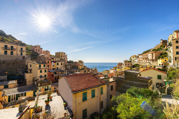 Colorful apartment homes in touristic town, Riomaggiore, Italy. Cinque Terre National Park