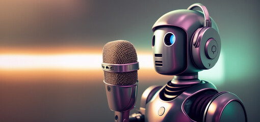 Tin robot talks to a microphone with text space created with Generative AI technology - 561871996
