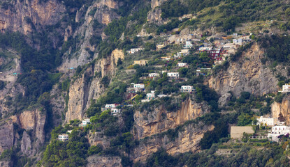 Touristic Town, Positano, on Rocky Cliffs and Mountain Landscape by the Tyrrhenian Sea. Amalfi Coast, Italy.