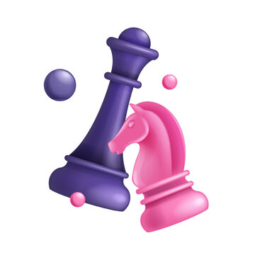 3D chess queen knight icon, vector purple figure, competition achievement sign, business strategy symbol. Tournament enemy game fight concept, online sport intelligence hobby. 3D chess victory clipart