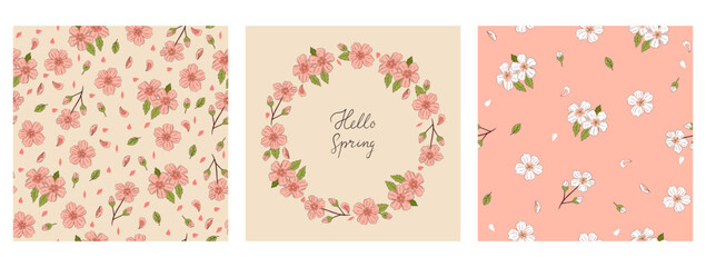 A set of patterns and a round frame with sakura flowers. Vector graphics.