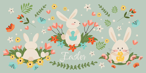 Cute Easter set, funny bunnies, vector illustration