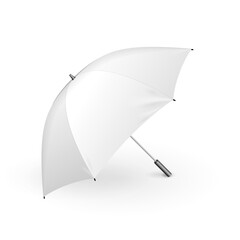 Mockup White Umbrella. Promotional Advertising Parasol. Mock Up, Template Isolated On White Background. Ready For Your Design. Product Advertising. Vector EPS10
