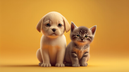 Cute cat and dog together on yellow background with copy space.  generative AI	