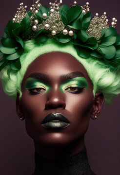 portrait of a transgender person crown of clover leaves, spring, Saint Patrick's Day, Generative AI