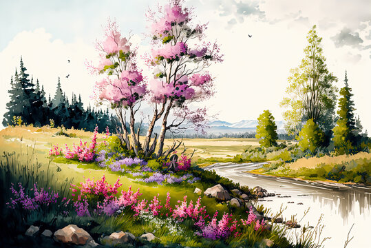 Watercolor spring landscape painting. Trees, bloom, meadow and mountains. Ai generated