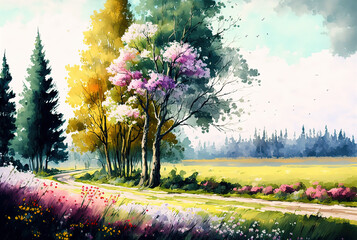 Obraz na płótnie Canvas Watercolor spring landscape painting. Trees, flowers and meadow. Ai generated