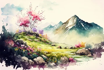 Rolgordijnen Watercolor spring landscape painting. Trees, bloom, meadow and mountains. Ai generated © Artem81