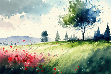 Watercolor spring landscape painting. Trees, flowers and meadow. Ai generated