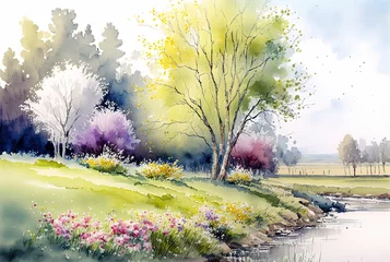 Rolgordijnen Watercolor spring landscape painting. Trees, flowers and meadow. Ai generated © Artem81