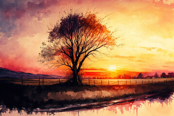 Watercolor sunset spring landscape painting. Trees, bloom, meadow and mountains. Ai generated
