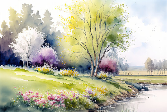 Watercolor spring landscape painting. Trees, flowers and meadow. Ai generated