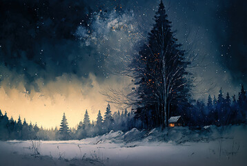 Fototapeta premium Watercolor winter landscape painting. Forest and mountains on a starry night. Ai generated