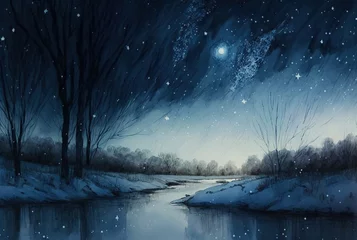 Foto op Canvas Watercolor winter landscape painting. Forest on a starry night. Ai generated © Artem81