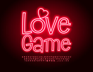 Vector electric banner Love Game with Red glowing Font. Artistic neon Alphabet Letters, Numbers and Symbols set