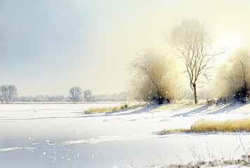 Obraz na płótnie Canvas Watercolor winter landscape painting. Sunny day. Ai generated